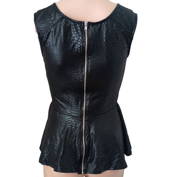Vintage 90s Faux Leather Peplum Top S  Sexy Animal Print Embossed Wet Look Zips. - Picture 4 of 15